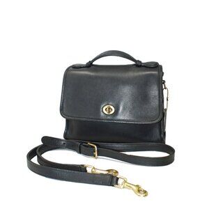 Coach Court Crossbody Style 9870 in Black Leather, 90's Top Handle Satchel Bag